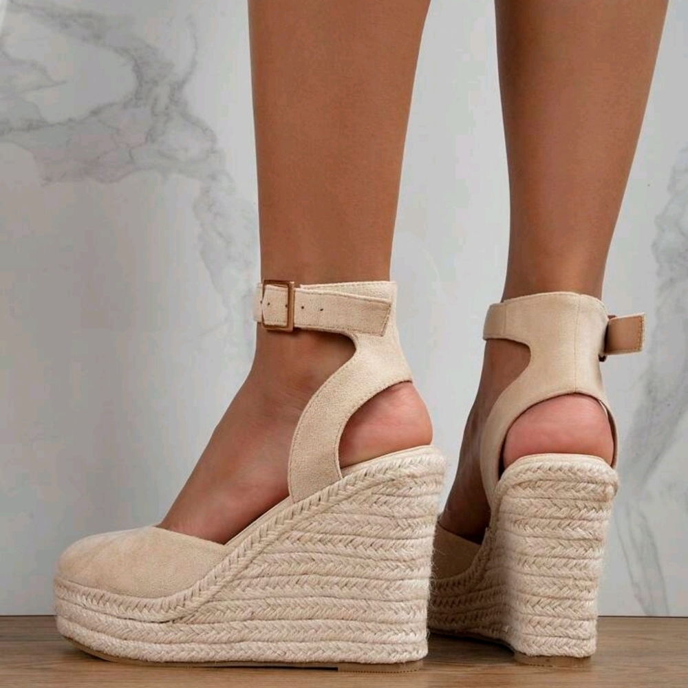 Women Beige Ankle Strap Woven Wedge Sandals, Round Toe High Heel For Vacation - Picture 5 of 6